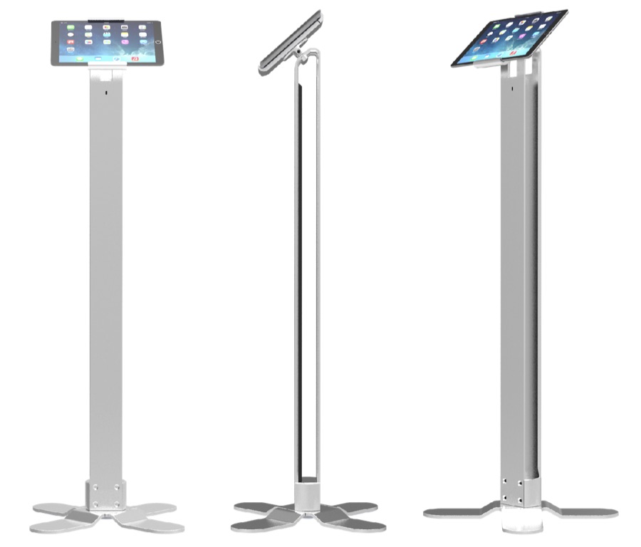 A freestanding iPad floor kiosk shown from the front, side and rear.