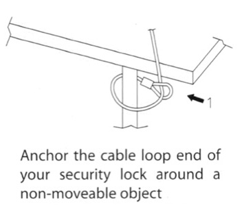 Diagram showing the steel security cable looped around a fixed object and locked into the iPad table stand.